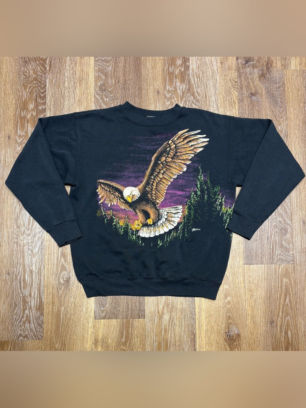 Tultex Black Crewneck Sweater with Eagle Graphic and Purple Sky